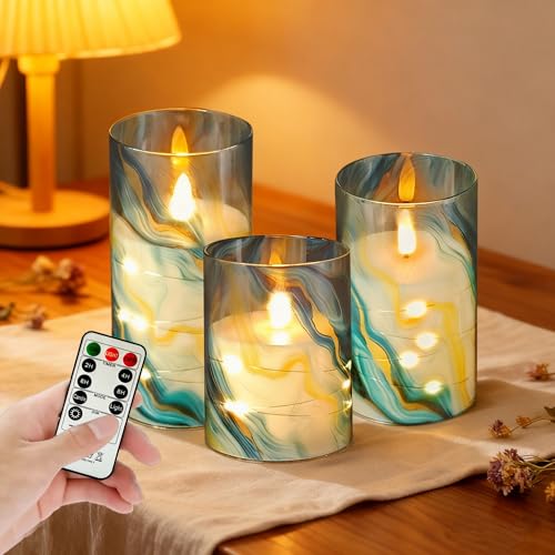 Image of Printed Flameless Candles with String Lights - Set of 3 Battery Operated Candle Flickering Floral LED Pillar Candles with Timer Remote for Home Decor Romantic Ambiance,BG