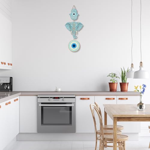 Image of GiftOday Elephant Wooden Wall Hanging for Home Kitchen Decor | Hamsa Hand Decoration for Livingroom | Modern Artworks Items | Peace Charm Door Accent Decorative Hangings Size-18 x 30 CM