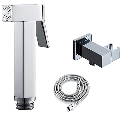 Spruzzatore per Bidet Tenuto in Mano Set Quadrato Ottone Doccetta per Bidet Montaggio a Parete Spruzzatore per Pannolini di Stoffa Base Girevole Con Ingresso Acqua e Tubo da 1,5 m,Chrome plated