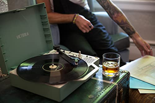 Image of Victrola Re-Spin - Sustainable Suitcase Vinyl Record Player, 3-Speed (33 1 /3, 45 & 78 RPM), Belt-Driven Bluetooth Turn Table with Built-in Bass Radiator, 3.5mm Headphone Jack (Basil Green)