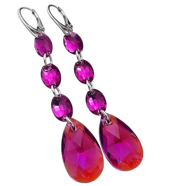 Boucles d'oreilles en argent sterling 925 et cristal fuchsia de haute joaillerie