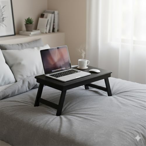 Image of Foldable Wooden Laptop Table for Bed & Sofa | Adjustable Laptop Desk with Tilt Top Cup Slot Drawer | Ergonomic Study Work Table for Home Office Reading Writing Use (Black)