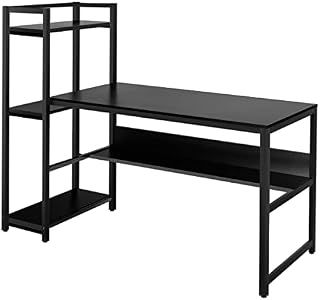 CASART Wooden Computer Desk, Metal Frame Study Wrting Table with Storage Shelves, Space-Saving Study Desk Gaming Table for Home Office (Black)