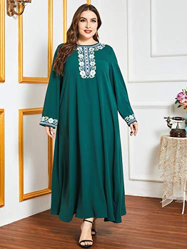 Bigfanshu Roupão árabe feminino moderno com gola redonda verde étnico confortável bordado manga long