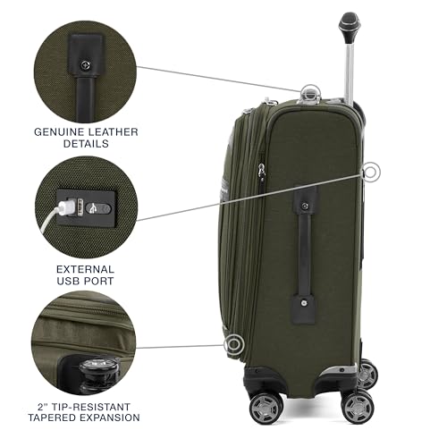 Image of Travelpro Platinum Elite Softside Expandable Carry on Luggage, 8 Wheel Spinner Suitcase, USB Port, Suiter, Men and Women, Pilot Green, Carry On 21-Inch