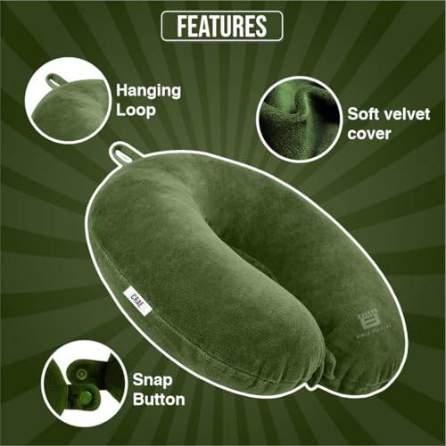 Image of CRAE Travel Neck Pillow for Men & Women | Soft Fibre Cushion for Flight, Car & Train | Soft Velvet Fabric with Attachable Snap Strap | Cervical Support for Neck Pain Relief.Pack of 1(Grass Grn)
