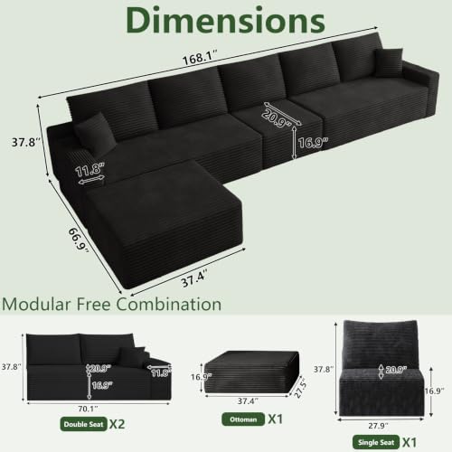Image of Oversized Modular Sectional Sofa Couch, Large 6 Seater Corner Sofa Modern L Shaped Sectional Couch with Ottoman Cloud Couches for Living Room, Office, Spacious Space, Corduroy, No Assembly, Black