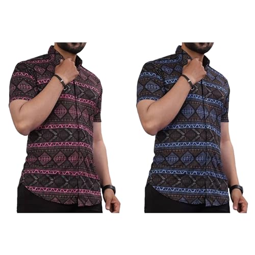 Image of LookMark Men's Trendy Lycra Blend Spread Collar Half Sleeve Printed Shirts - Elevate Your Style with Comfort and Versatility (Pack of 2)