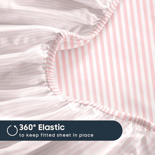 Image of Wake In Cloud - Striped Bed Sheets, 4-Piece Sheet Set, Ticking Vertical Pin Stripe Modern Farmhouse Pattern Printed Bedding, Deep Pocket, Pink White, Queen Size