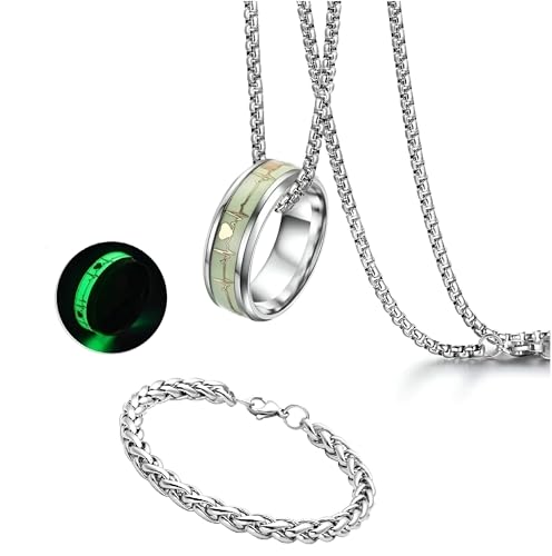Image of R Art Men's Stainless Steel Glow in Dark Ring Pendant with Chain and Bracelet | Heartbeat Design Luminous Necklace Ring Combo Jewelry Gift for Men