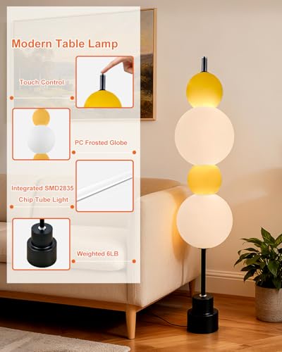 Image of Yellow Globe Floor Lamp - Metal, Gold - 3 CCT (3000K /4000K /5000K) Dimmable LED, Touch Switch, Modern Tall Standing Lamp for Bedroom, Living Room, Home Office