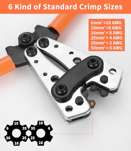 Batteriekabelschuh Crimpzange 6/10/16/25/35/50 mm² und 10–1/0 AWG – Groß Crimpzange Set mit 8 Größen, 60 Kupferringklemmen und 60 Schrumpfschläuchen für Auto, Marine und Haushaltsanwendungen