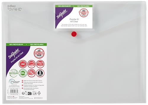 Image of Snopake [100% Recycled] A4 Polyfile ID Popper Wallet with Press Stud Closure – Clear [Pack of 5] Ref: 12560