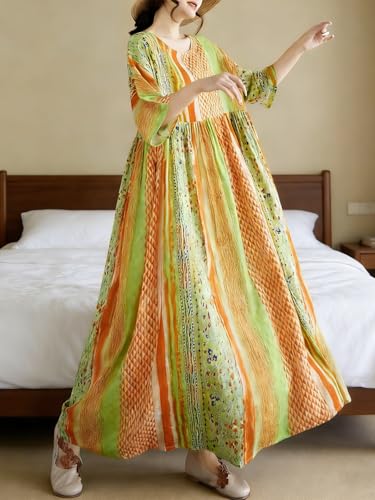 Image of Women Summer Dress with Pockets Plus Size Boho Floral Print Round Neck Loose Casual Flowy Dress