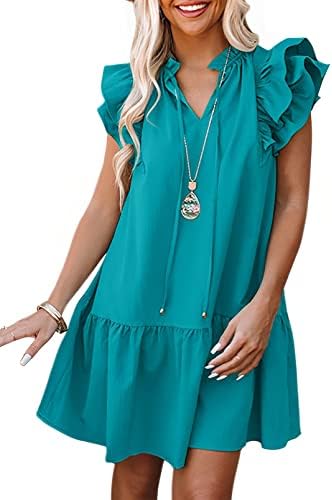 Dokotoo Womens 2024 Summer V-Neck Drawstring Ruffle Cap Short Sleeve Side Pockets Mini Dress Sundress
