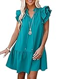 Dokotoo Summer Dresses for Women Sun Dresses 2025 Elegant V Neck Drawstring Ruffle Solid Pockets Cap Short Sleeve Casual Dresses for Women Green Large