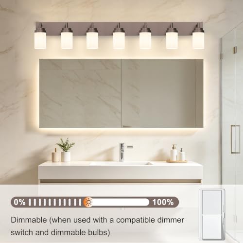 Image of Bathroom Light Fixtures, Oil Rubbed Bronze Bathroom Lighting Fixtures Over Mirror, Modern Vanity Light with White Glass Shade, Restroom Lighting Fixtures, 7-Light 54-inch