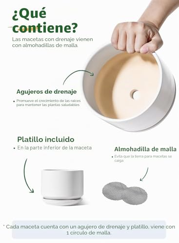 Miniatura 6 de Le Tauci Macetas De Cerámica, 11 13 17cm, Juego De 3, Macetas Con Agujero De Drenaje Y Platillo, Maceta De Interior Con Almohadilla De Malla, Regalos Para Mamá, Blanco