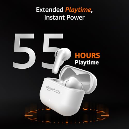 Image of Amazon Basics Pro Series Wireless in Ear Earbuds, Bluetooth 6.0 TWS Earphones with Mic, 4 Mics ENC, 55H Playtime, Fast Charging, Smart Touch Control, 12mm Driver, IPX4 Water Resistant (White)