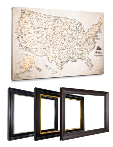 Image of IPIC - Custom USA Map Canvas Wall Art, Personalized Artwork with Names and Message on, Framed Travel Map for Home, Office, or Study, Push in Board Decor for Travel Lovers
