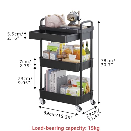 Image of Calmootey 3-Tier Utility Cart with Drawer & Wheels, Storage for Home,Office | Space-Saving Organizer, Sturdy Plastic Shelves, Smooth-Rolling Metal Wheels, Built-in Drawer for Small Items, Black