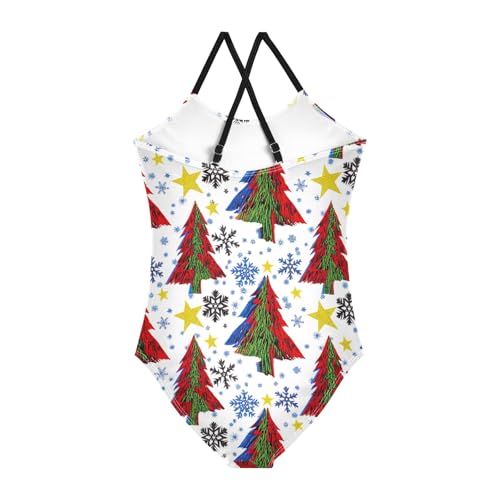 Christmas Tree Snowflakes Toddler One Piece Swimsuit Girl, Quick Dry Crossback Kids Swimsuits for Girls for Beach 3T2