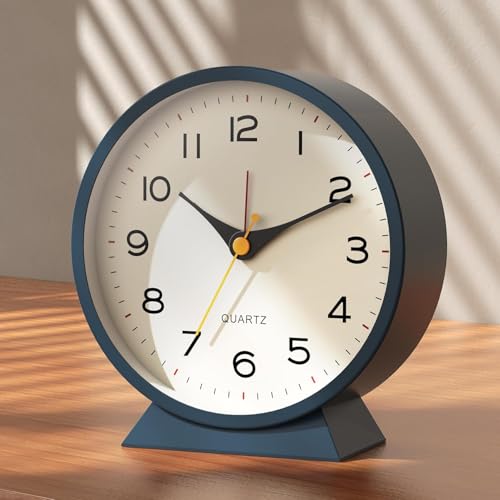 Image of AERYS 4.5 inch Analog Alarm Clock, Retro Desk Clock Battery Operated,Slient Metal Table Clock with Light for Living Room Decor,Bedroom,Bedside (Navy Blue)