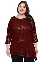 wild U Women Plus Size Sequin Stylish Latest Long with Sleeve Western Top (Red, Size : 3XL)