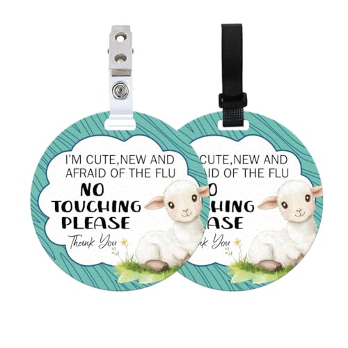 Image of 2 Pack Cute sheep No Touching Signs Textures Style Stop No Touching Safety Sign for Family PVC Seat Signs-Stroller Tag with Hanging Strap and Clip for Car Accessories 5 Inches