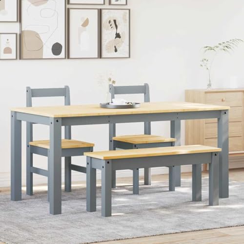 Homgoday Juego de Comedor Panama 4 pzas Madera Maciza de Pino Gris Conjunto Mesa y sillas de Comedor, sillas Comedor, Set Muebles de Cocina para el Hogar, la Oficina y el Café Longitud160 cm