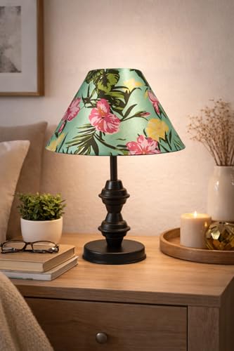 Image of tu casa Modern Table Lamp with Crimson Floral Satin Shade | Metal Iron Base Decorative lamp for Living Room| Designer Table Lamp for Gifting (Blush Botanica)