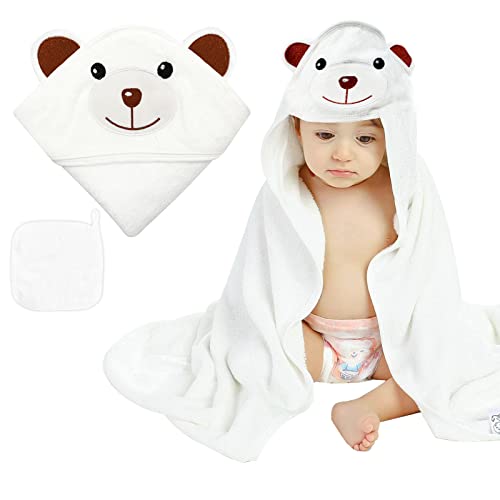 ABirdon Toallas de Baño con Capucha para Bebé y Toallita, 100% Fibra de Bambú Orgánica, Extra Absorbente, Toalla Albornoz Bebé Suave Blanco para Niños 0-3 Años, Oso Café, 90 x 90cm