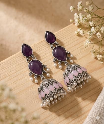Image of Oxidised Silver Jhumka Earrings with Purple Stones, Pink Teardrop Accents and Pearl Drops