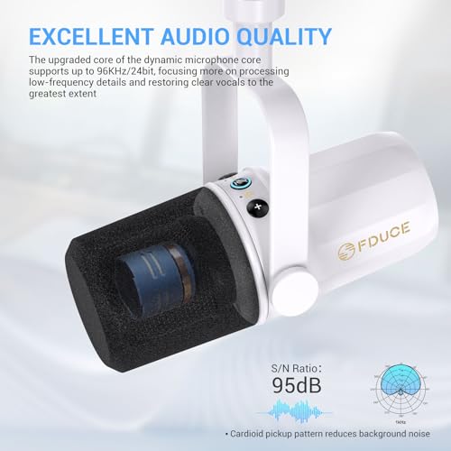 Image of FDUCE SL40 Dynamic Microphone for Podcasting, Gaming, Live Streaming & Recording, Built-in Headphone Output, LED Mute Button, All Metal USB /XLR, Voice-Isolating Technology (White)