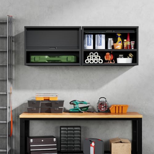 Image of Yizosh Metal Garage Wall Cabinet with Shelves and Recessed Handle,Wall Mounted Metal Storage Cabinet,Floating Tool Cabinet for Warehouse,Garage,Kitchen,Basement