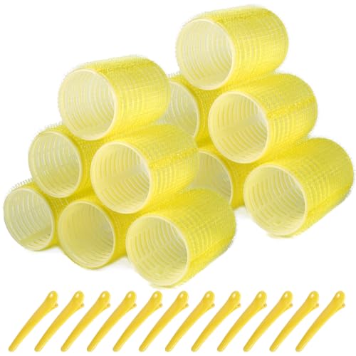 Hair Rollers, 12 Pack Self Grip Salon Hairdressing Curlers, DIY Curly Hairstyle, Large Rollers 1.57In Yellow