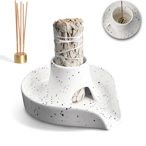 Porta salvia bianca, bruciatore di salvia bianca, realizzato a mano, in ceramica, 3 in 1, ciotola per macchie di salvia bianca, bastoncini di Palo Santo, incenso, accessori per aromaterapia