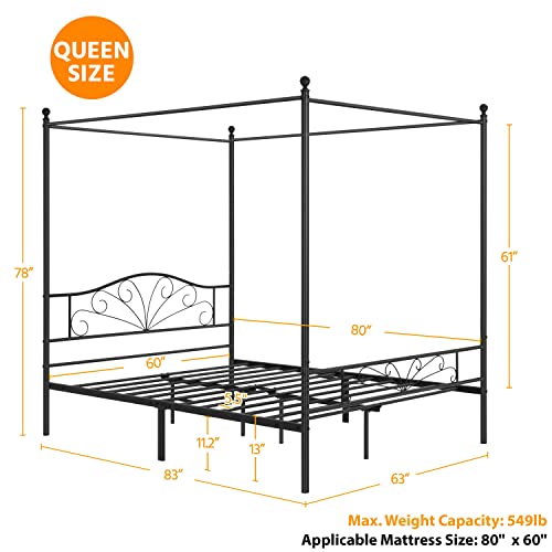 Yaheetech Metal Canopy Bed Frame Four-Poster Canopied Platform Bed With Graceful Scroll Arched Headboard And Footboard Mattress Foundation No Box Spring Needed Queen Size #TOP1