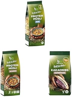 Biozentrale Müsli Mix Pack - Müsli Protein - Pur (3x) - Schoko (3x) - Kakao Nibs (3x) - Hoher Ballaststoffgehalt - Für einen guten Start in den Tag
