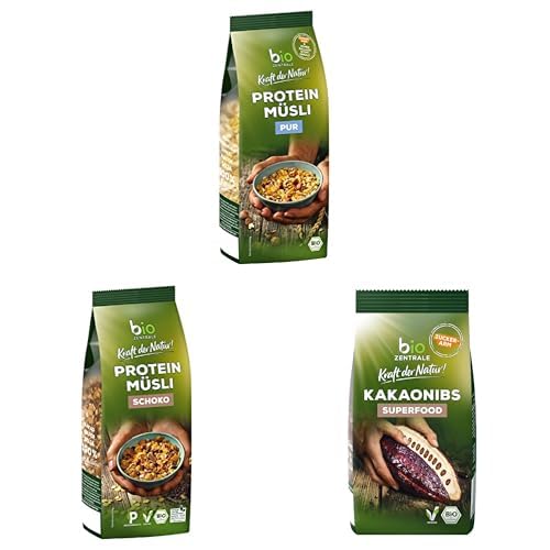 Biozentrale Müsli Mix Pack - Müsli Protein - Pur (3x) - Schoko (3x) - Kakao Nibs (3x) - Hoher Ballaststoffgehalt - Für einen guten Start in den Tag