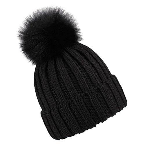 xwanli Bonnet en Tricot avec Pompon en Fourrure synthétique pour Femme Pom Pom Bonnet d'hiver Bonnet d'hiver Bonnet à Pompon - Noir - Taille Unique Cover