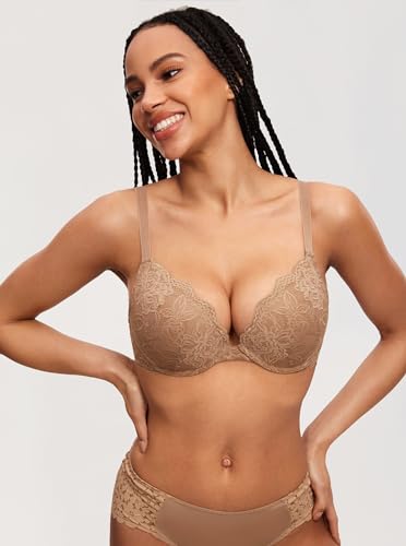 Image of DOBREVA Women's Push Up Lace Bra Underwire Plunge Full Coverage Bras Sexy Plus Size Support