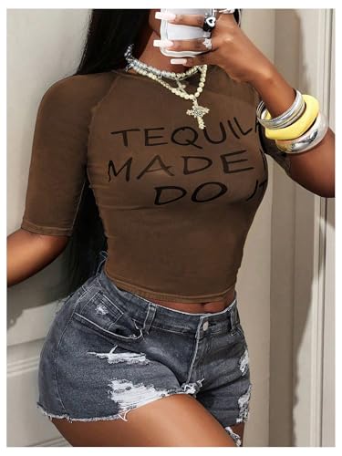 Image of RoseSeek Women's Sheer Mesh Letter Graphic Tees Short Sleeve Crew Neck Y2K Vintage Summer Going Out Crop Tops