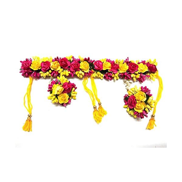 12SEASONS Yellow and Pink Fabric Flower Jewellery Necklace 2 with Maang Tika and Earrings, Bracelets for Women Girls Set of 7 Pc - Image 5