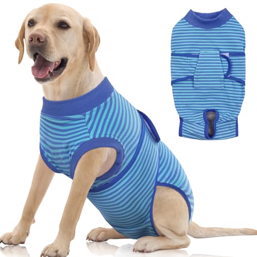 Image of FUAMEY Recovery Suit for Dogs After Surgery,Soft Breathable Dog Bodysuit E-Collar & Cone Alternative Surgical Suit,Male Female Dog Neuter Spay Suits Anti Licking Wounds Onesie Navy Blue Strips XXL