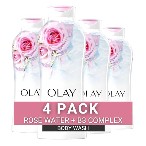 Olay Body Wash for Women, Fresh Radiance, Refreshing & Renewing, Made with Plant Based Cleansers, B3 Botanical Complex, For All Skin Types, Rose Water & Sweet Nectar Scent, 22 fl oz (Pack of 4)