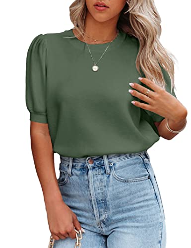 Image of Womens Puff Short Sleeve Sweater Tops Crewneck Basic Knit Pullover Lightweight Casual Sweaters