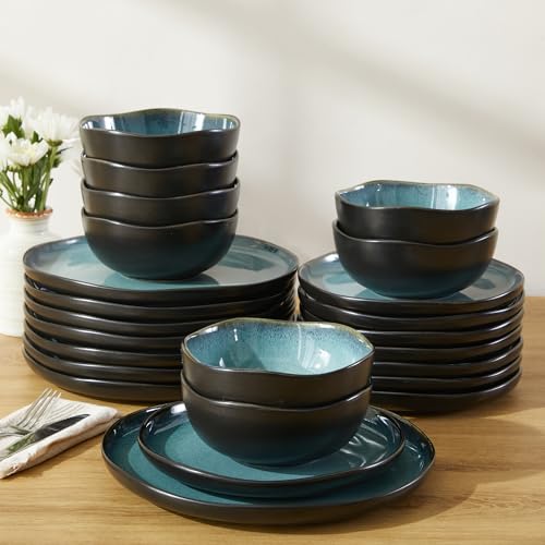 Image of Pokini 24 Piece Stoneware Dinnerware Set for 8, Reactive Glaze Plates and Bowls Sets | Designed for Holiday Dinners, Thanksgiving, Party Hosting | Durable Irregular Coastal Design, Green Black