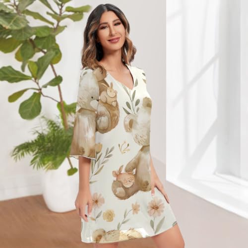 Robe col en V motif ours lapin chic beige à manches 3/4