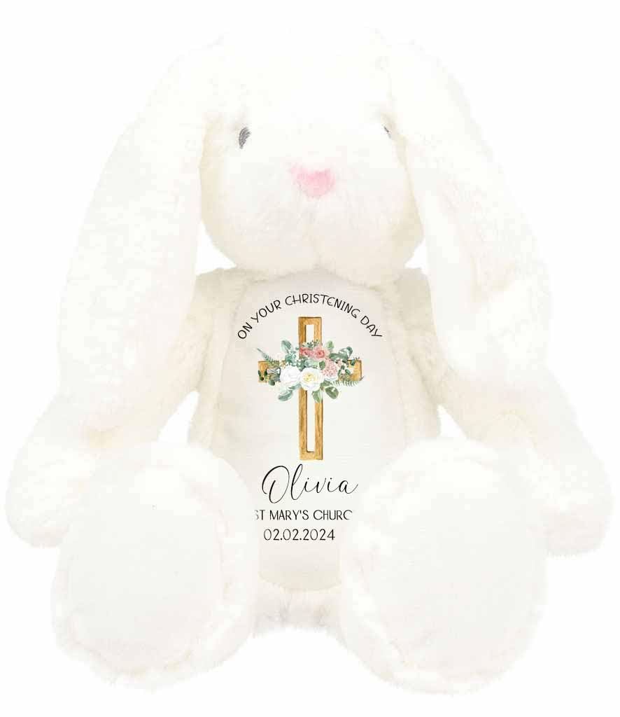Christening Gift Plush Toy With Custom Name, Date and Church Keepsake Bunny For Baby Girl Nameing Ceremony Handmade Custom Gift (White)